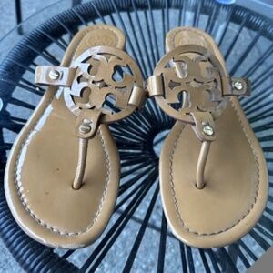 Tory Burch Miller Patent Leather Logo Sandals Sand 7M